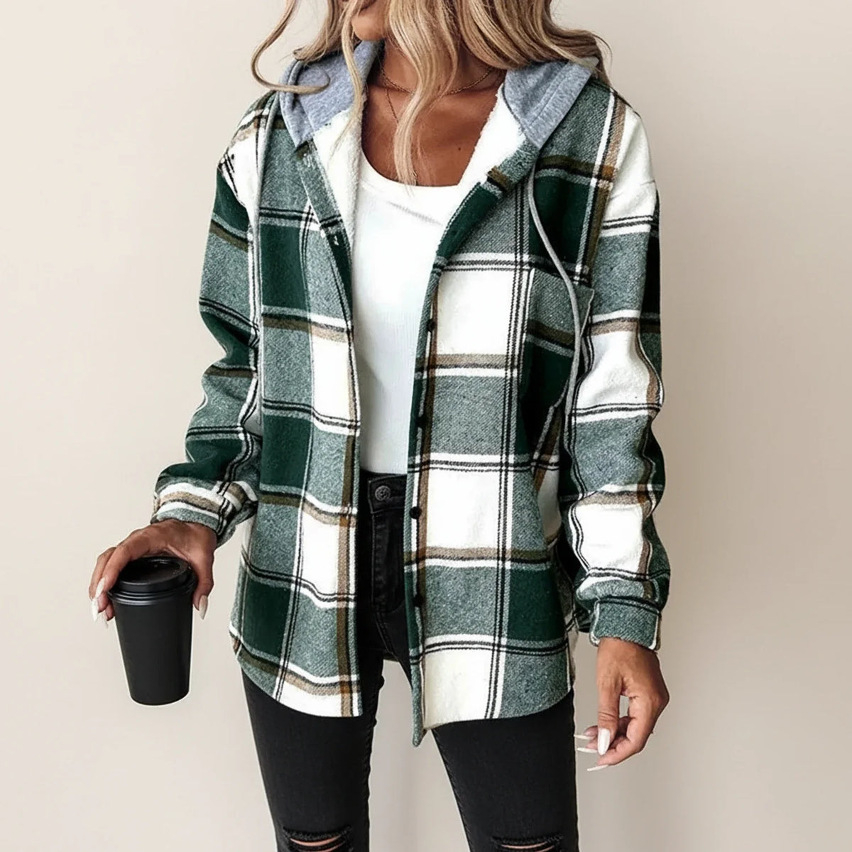 Women's Plaid Hooded Shirt Jacket — Relaxed Fit Button-Down 2