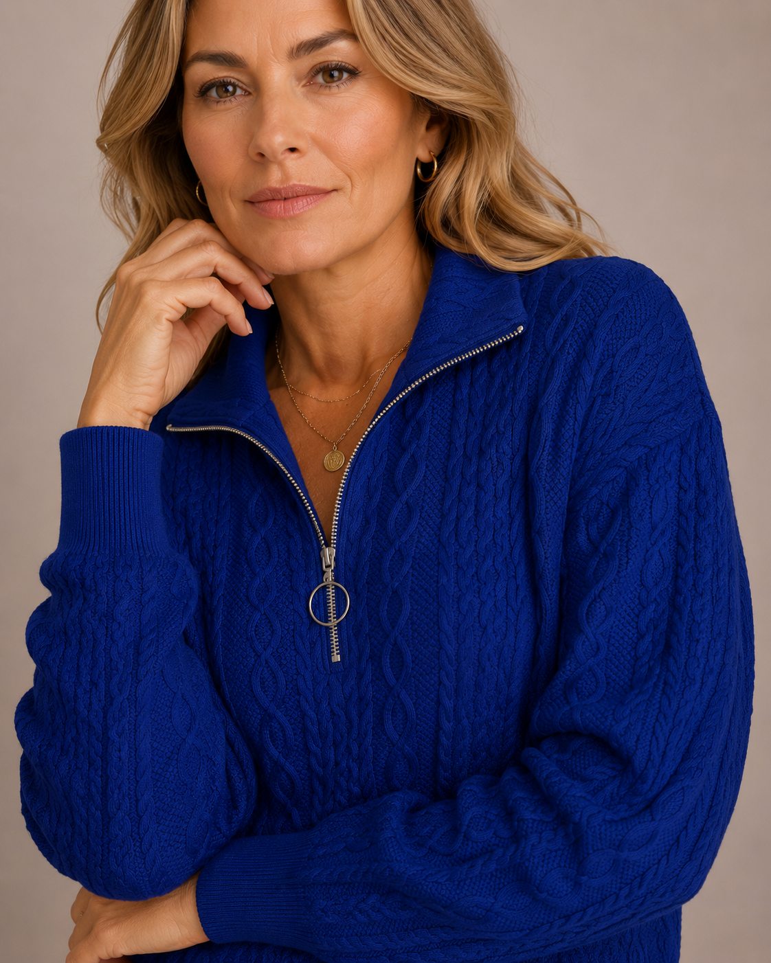 Jackyee – Damen – Zopfstrick – Reißverschluss-Pullover