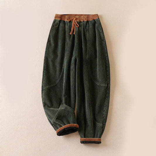 Damen Cord-Haremshose in Waldgrün mit Fleecefutter und Kordelzug