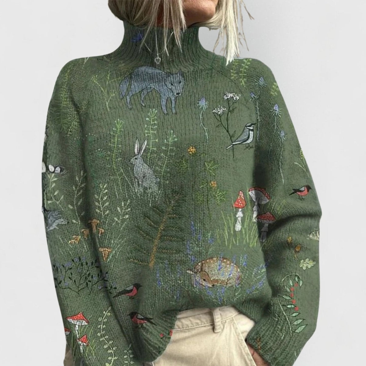 Women's Turtleneck Sweater with Allover Print — Soft Knit 1