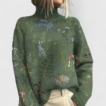 Women's Turtleneck Sweater with Allover Print — Soft Knit 1