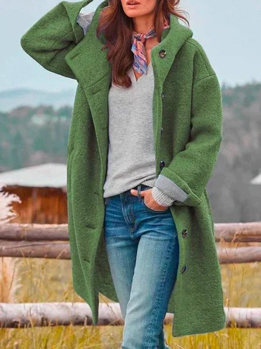 Women's Long Hooded Fleece Coat with Button Front 2