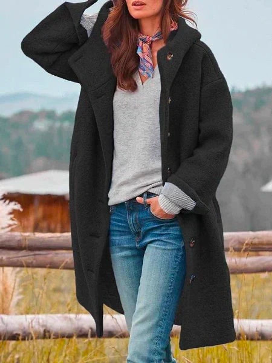 Women's Long Hooded Fleece Coat with Button Front 4