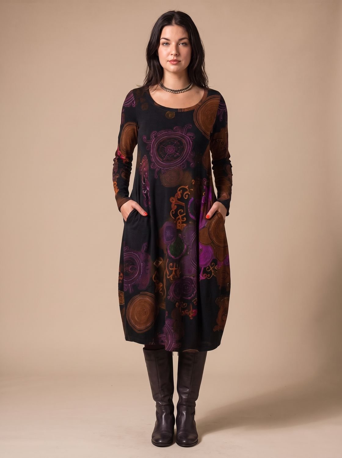 Women's Long-Sleeve Allover-Print Midi Dress with Pockets 4
