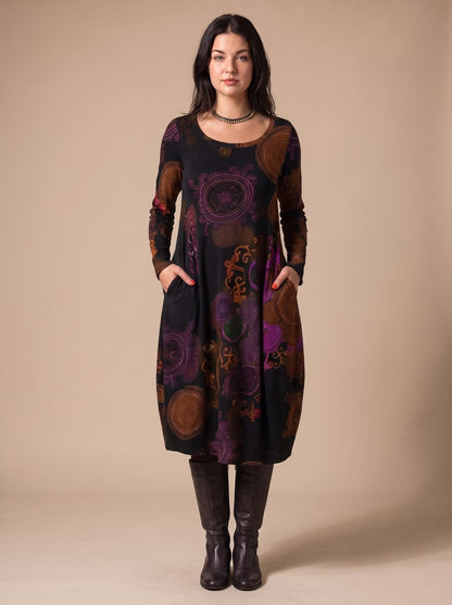 Women's Long-Sleeve Allover-Print Midi Dress with Pockets 4