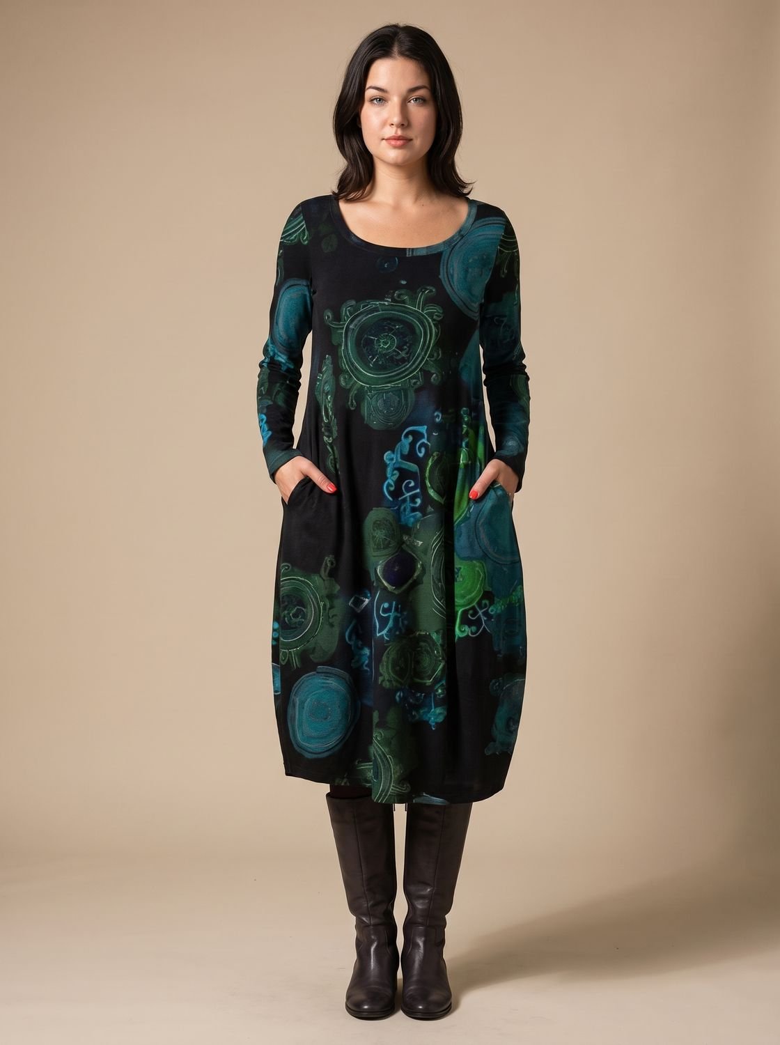 Women's Long-Sleeve Allover-Print Midi Dress with Pockets 1