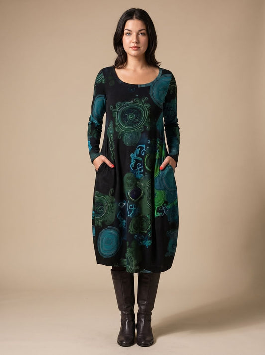 Women's Long-Sleeve Allover-Print Midi Dress with Pockets 1