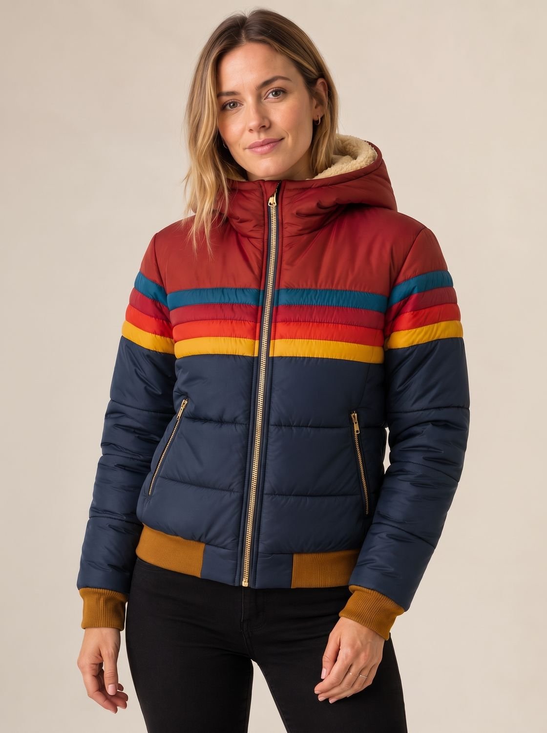 Women's Waterproof Hooded Puffer Jacket — Retro Color-Block 1