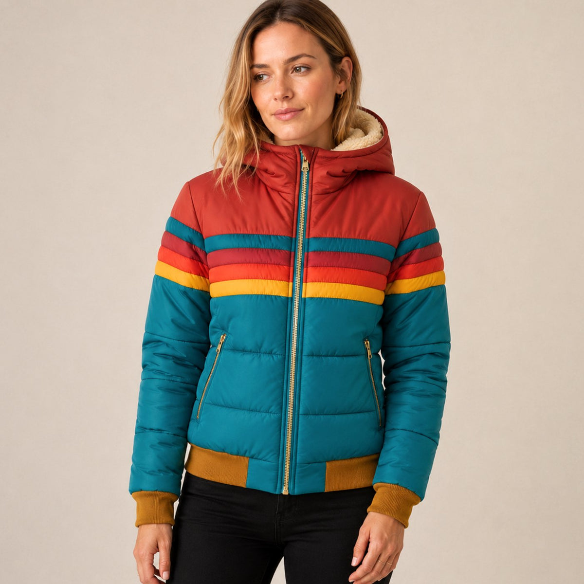 Women's Waterproof Hooded Puffer Jacket — Retro Color-Block 2