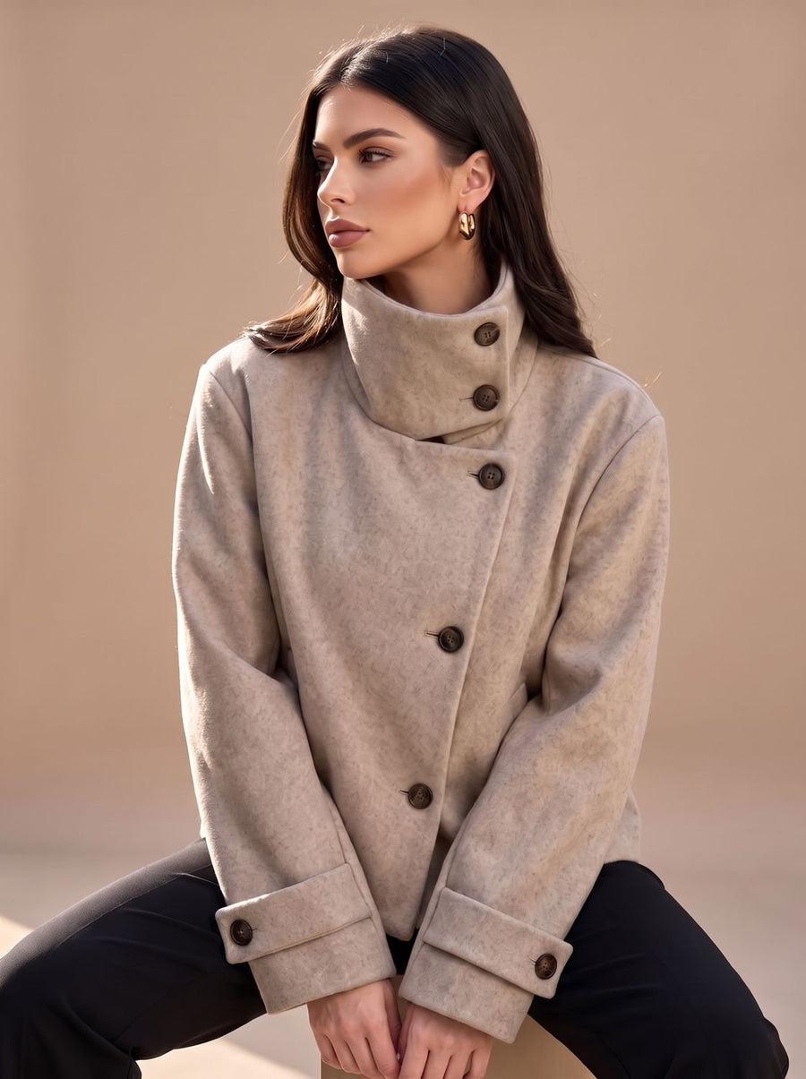 Damen Wollmix Kurzmantel mit Stehkragen und Knopfleiste