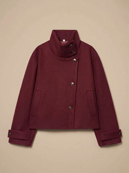Women's Wool Blend Cropped Coat — Stand Collar Button-Front 4
