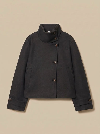 Women's Wool Blend Cropped Coat — Stand Collar Button-Front 5